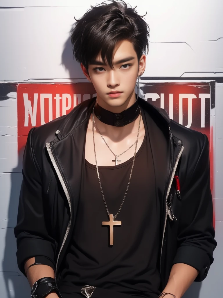 Ryan Potter 25-year-old boy with open black jacket, blue t-shirt with snow print, short black hair, punk style, yellow locks, black jeans, green eyes, black leather belt, silver buckle, slim muscular build, cross medallion, silver bracelet, looking straight at the viewer