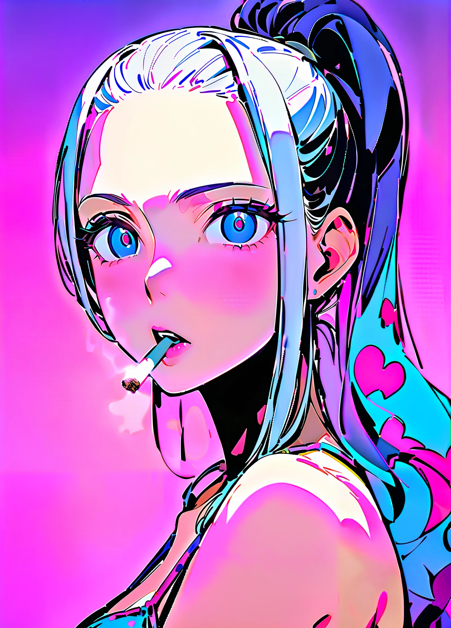 cartoon picture of a woman wearing a bikini top and jeans, We one piece, We From 1 piece, We, beautiful portrait of We, From 1 piece, , blue eyes, smoking, ponytail, nsfw