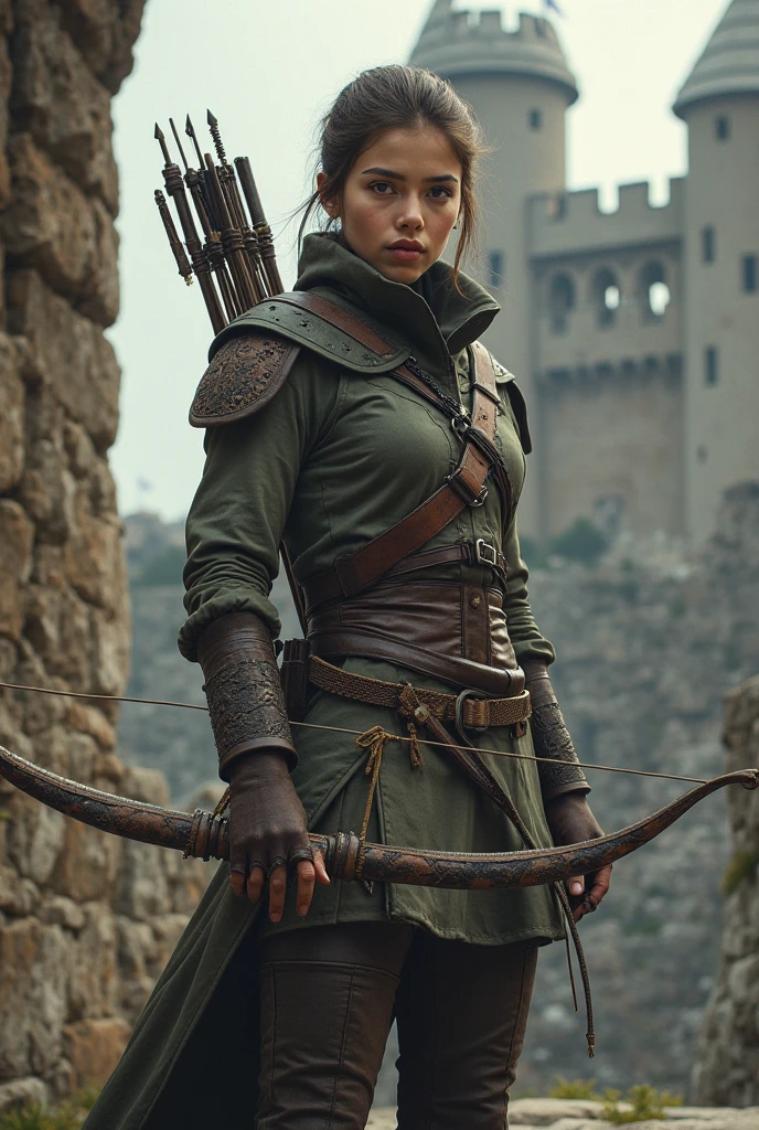 1 powerful girl with upgraded armor with horrible background, gear list on right side and their skills also mentioned, 8K UHD