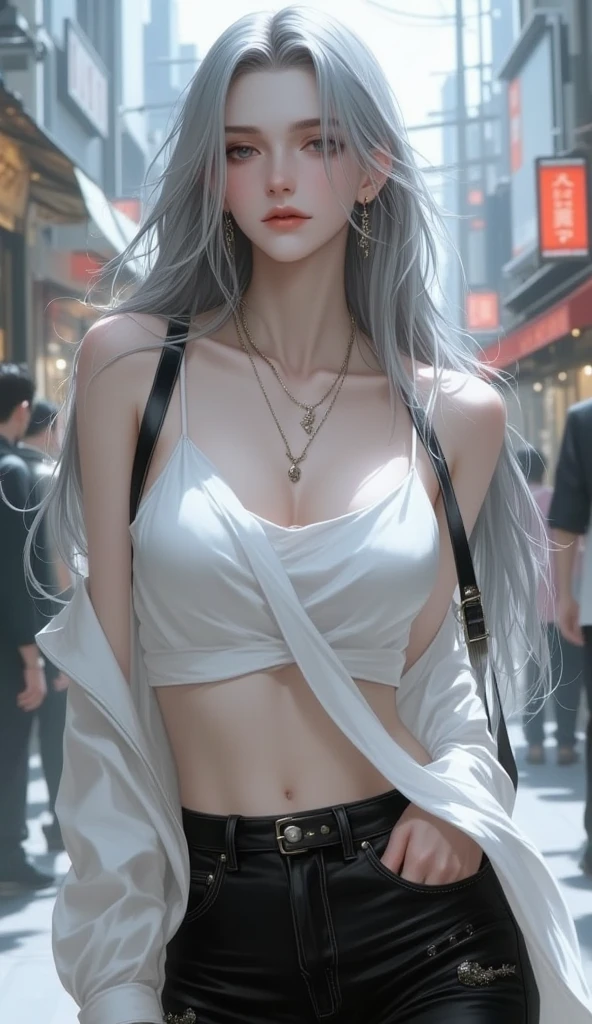 Photorealistic, high resolution, 1 woman, hips up, Beautiful eyes, Long hair, ringed eyes, jewelry, street wear, white hair
