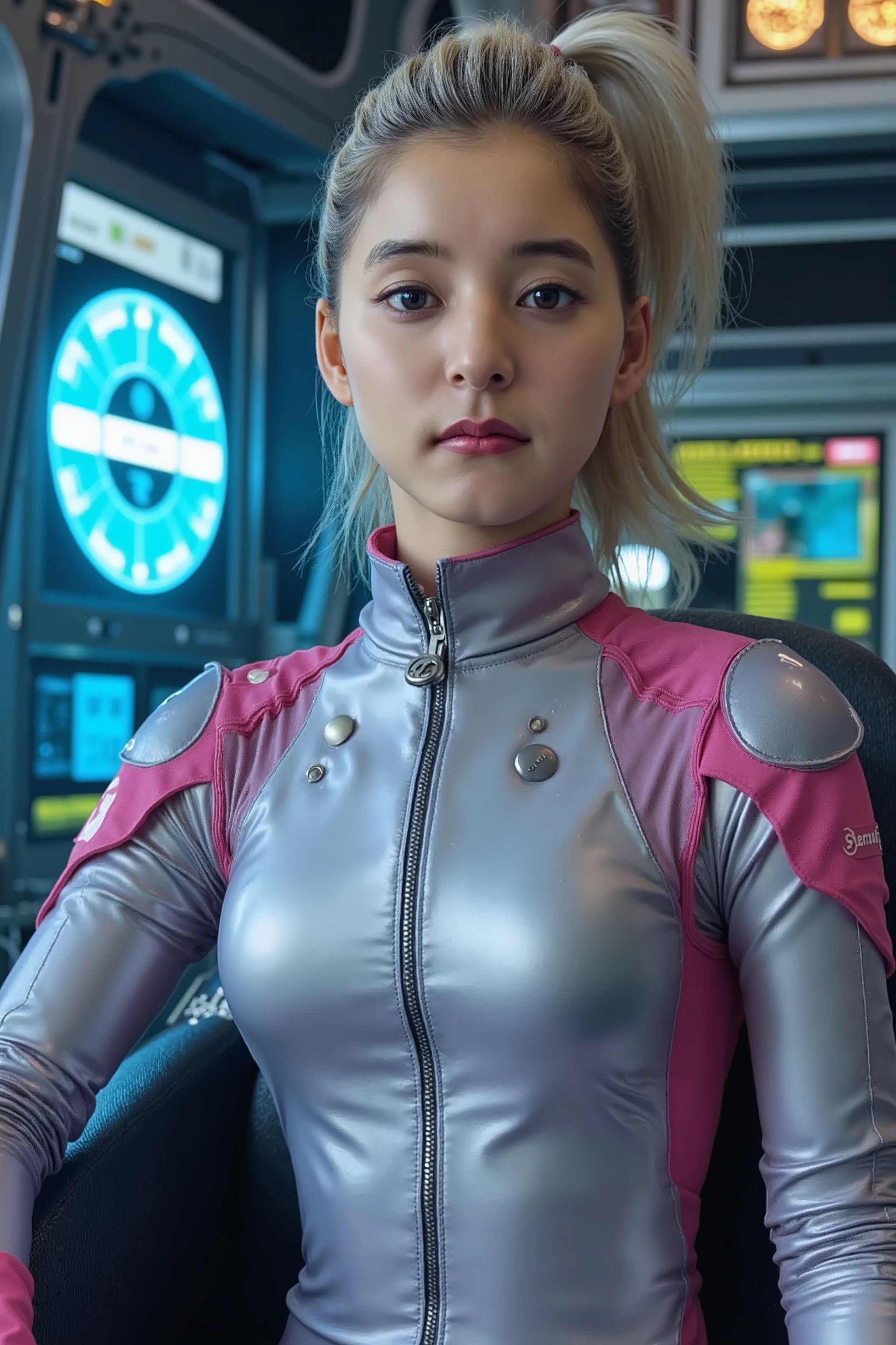 A stunning high-definition cyberpunk female astronaut sitting in the cockpit of a futuristic spaceship. She has platinum blonde hair in a high ponytail, piercing blue eyes and perfect porcelain skin. Her outfit is a shiny pink and grey bodysuit made of a very thin form fitting fabric with a high collar and a front zipper, front zipper runs from the chest to the crotch,(((bodysuit with protruding erect nipples))) that accentuates her curves.The suit has stylish cut-outs on the shoulders and she wears matching detachable sleeves. The material is smooth, reflective and futuristic, resembling latex and leather. She looks confident and slightly seductive, with her lips slightly parted and her gaze fixed piercingly on the camera. The background is a high-tech spaceship interior with illuminated control panels, neon lights and holographic displays. The atmosphere is cinematic, with soft ambient lighting highlighting the contours of her face and body. Ultra-detailed, ultra-realistic, 8K resolution, perfect skin texture, cinematic lighting, sharp focus, masterpiece, photorealistic, ultra-high detail, intricate design, breathtaking visuals.