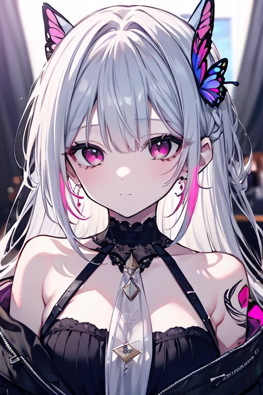 best quality, (masterpiece),(ultra-detailed), (high quality), (high resolution),   1girl, animal ear fluff, animal ears, bare shoulders, black dress, bow, breasts, cat ears, flower, fox ears, fox tail, garter straps, grin, hairband, heart, Emilia Re:zero, Emilia, crown braid, x hair ornament, flower hair ornament, white hair, long hair, medium breasts, long hair, looking at viewer, navel, smile, strapless, strapless dress, streaked hair, tail, twintails, underwear only, upper body, virtual youtuber, white background, witch hat