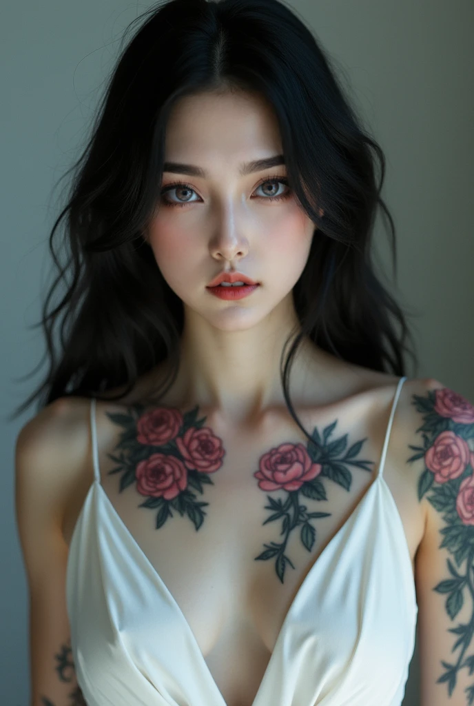 Tatto de faca com ramos de flores em volta e pontilhismo