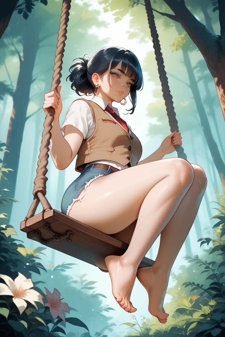 highest quality、High resolution、very detailed、masterpiece、RAW photo、photorealistic、very delicate and beautiful、delicate details、rough skin、(((white skin)))、1 girl、alone、japanese young girl、Sweat、small face、slim body、delicate body、thin arms、perfect hands、belly button、thin legs、perfect legs、((very young face))、perfect proportions、(I'm playing on the swing in the park)、on a swing、T-shirt、shorts、sandals、erect small nipples、happy smile、(Angle from below the butt)、close-up of crotch