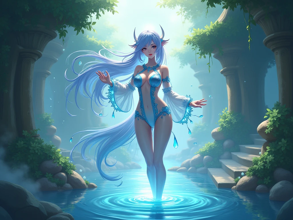 "The mesmerizing 'Goddess of Water' emerges from the depths, radiating an ethereal glow. Her flowing gown shimmers with iridescent hues as she gracefully stands amidst a tranquil aquatic scene. Sparkling droplets of water cascade around her, creating a magical ambiance. Captivate the viewer with intricate details, divine beauty, and a touch of mystery, mermaid ears, full body