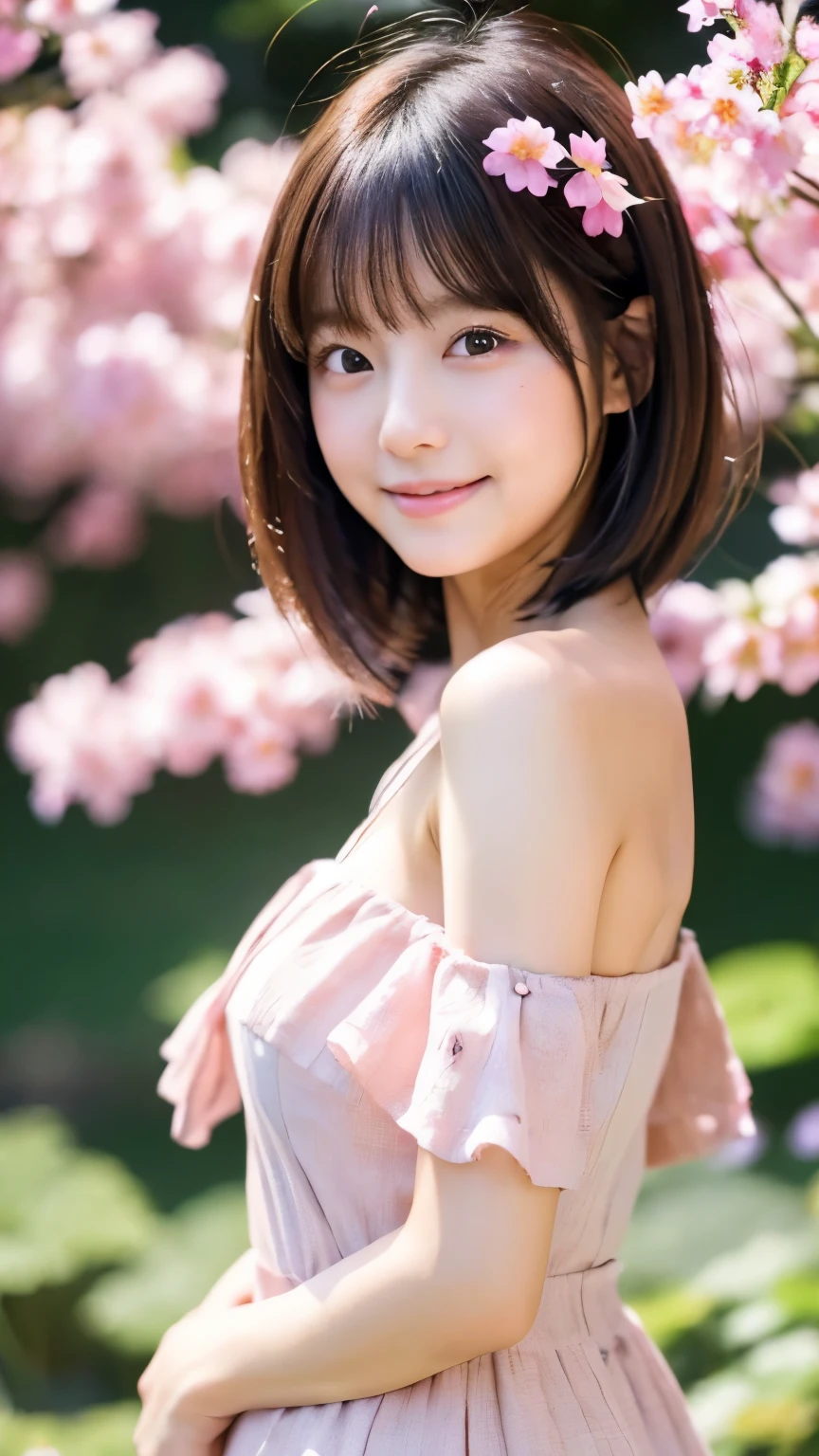 Medium Shot、((Upper Body))、(highest quality:1.5)、(Realistic:1.5)、(1 person:1.5)、(Very detailed)、(High resolution)、8k、((Wear a white off-the-shoulder sweater))、Slightly small breasts、Natural color lips、Cute Smile、20-year-old girl、(Beautiful and elaborate face)、(Perfect and beautiful face)、(Big eyes)、(Beautiful and elaborate face)、(Beautiful, balanced eyes)、Perfect and beautiful double eyelids、Perfect and beautiful face、Arched eyebrows、 Thin eyebrows、Feminine poses、Slim face、Slim figure、Beautiful and thin nose、 Beautiful Skin、(Medium Bob Hair)、Natural Bangs、Fair skin、Front lighting、(Lighting the face)、(Beautiful cleavage)、Deep blue eyes、Slim waistline、Sitting in a flowerbed in the garden、A garden filled with randomly colored roses、