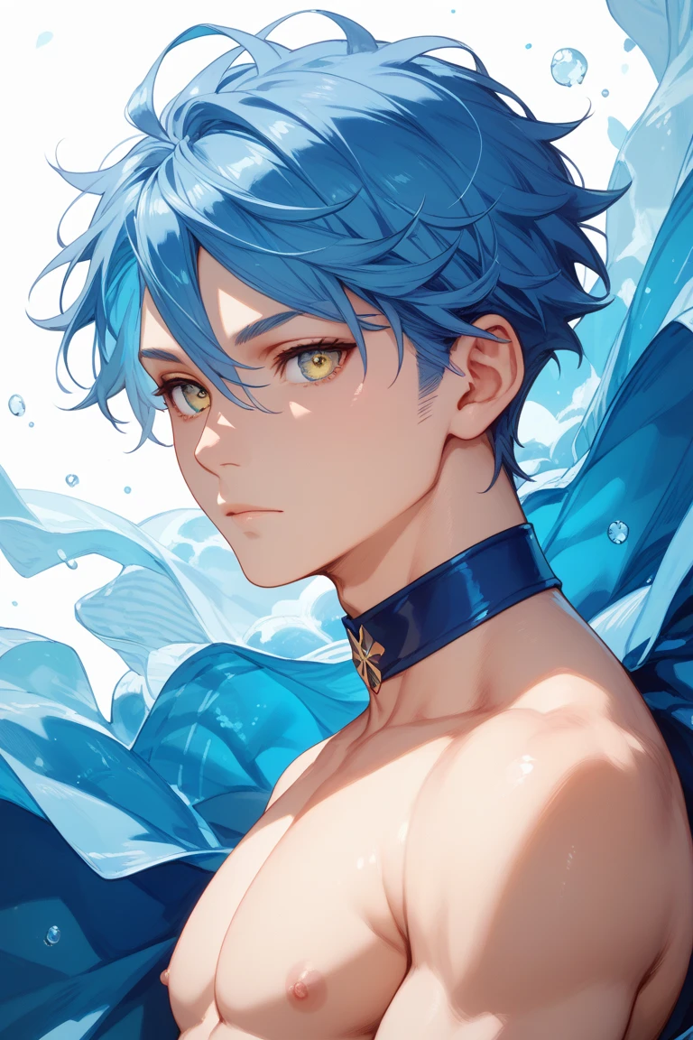 masterpiece, best quality, artstation, ultra-detailed, semi-realistic, anime, detailed facial features, 1boy, dark hari, (short wavy hair), detailed hair, (blue Freckles), pale blue soft eyes, mermaid, (medieval) medieval, (pale skin), (old fairy tale), (Merman), (merfolk), ocean, (no clothes) surprised, orange and blue tail, (Tail without errors), aquarium, (smile), dynamic pose, shy, greenish skin, blush (blushing cheeks), nervous, cute, young, looking at viewer, shell. (Beautiful dark ocean background), scars, dark arms, Gills, shell on the head, no smiling, surprised, dark background, light coming up, camera up, dynamic expression, dynamic pose (face close up)