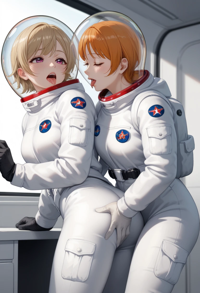 masterpiece, best quality,, , ,(fingering pussy:1.5), 2girls, yuri, indoors, blush, 2girl, sex eva helm, astronaut), masturbation, fingering, female_masturbation, spacesuit, space helmet, bubble helmet, sitting, legs open, legs raised,  space helmet, bubble helmet, (grab breast:1.7),