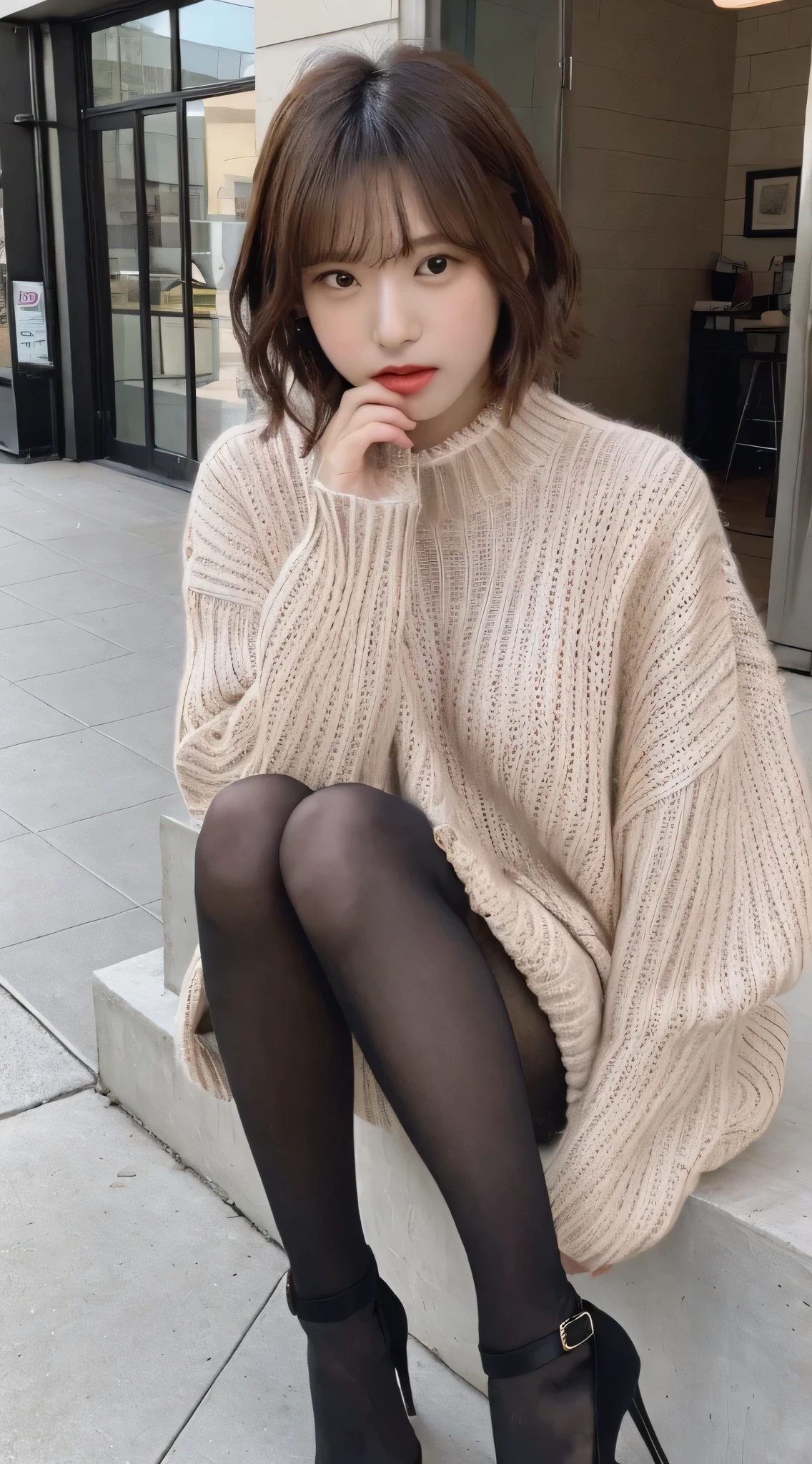 photo taken by a professional photographer,Close up of a woman sitting on the sidewalk and crossing her legs, kiko mizuhara, wearing a sweater , Shirahime、Brown hair cut, wearing a sweater , Young Cute Girl, Japanese model, 白い wearing a sweater , Chiho, ランダムカラーのカジュアルな wearing a sweater ,Cute eyed waves for short hair, a cute young woman, cute young woman, black tights,black tights,Black High Heels,