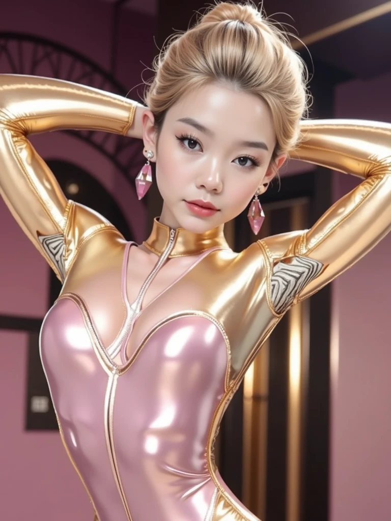 ((Top Quality, 8k, Masterpiece: 1.3)), ,solo,1 girls, sexy,  Beautiful girl with accentuated slender abs: 1.7, (Random hairstyle, flat breasts: 1.2),  Ultra detailed face, detailed eyes, double eyelids,(body builder:1.6),(beautiful small hard nipple:1.4),(spread legs:1.2),(shiny skin:1.2),(muscle arm:1.3),(muscle leg:1.3),(blonde hair:1.2),necklace,(earrings:1.3),(curly bun hair:1.3),(sexual pose with her boyfriend:1.8), (on a bed:1.3),(nude model:1.3),(tanned:1.2),(muscular chest:1.5),(Super Shiny metalic pink silver:1.6),(rider suits:1.6)