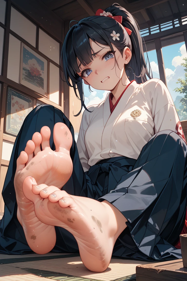 A sweet and cute little girl puts her feet on the man's face