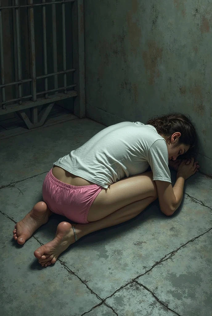 teenage boy, looking 15 years old, brown hair, light skin, passed out on the floor, sleeping appearance, eyes closed, with hoodie, no pants, just swim trunks, far from the close-up in the background of a building under construction in a place with dirt and pebbles of work