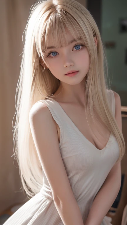 Very beautiful 18 year old Scandinavian girl、looking at the camera、Very beautiful light blonde hair, Silky super long straight hair, Long bangs between the eyes,、Wearing a long shirt、Clothing、Upper body、Large Breasts、Standing in the bedroom, In front of the window, Perfect white skin、Gloss Face、Cheek gloss、Bright expression、Bright, shining, pale marine blue eyes、Big eyes、Small Face Beauty、Beautiful and cute girl