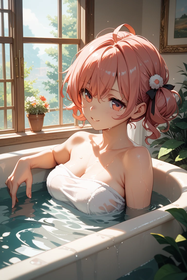 Highest Resolution,Highest quality,Smiling woman in lingerie taking a bubble bath,