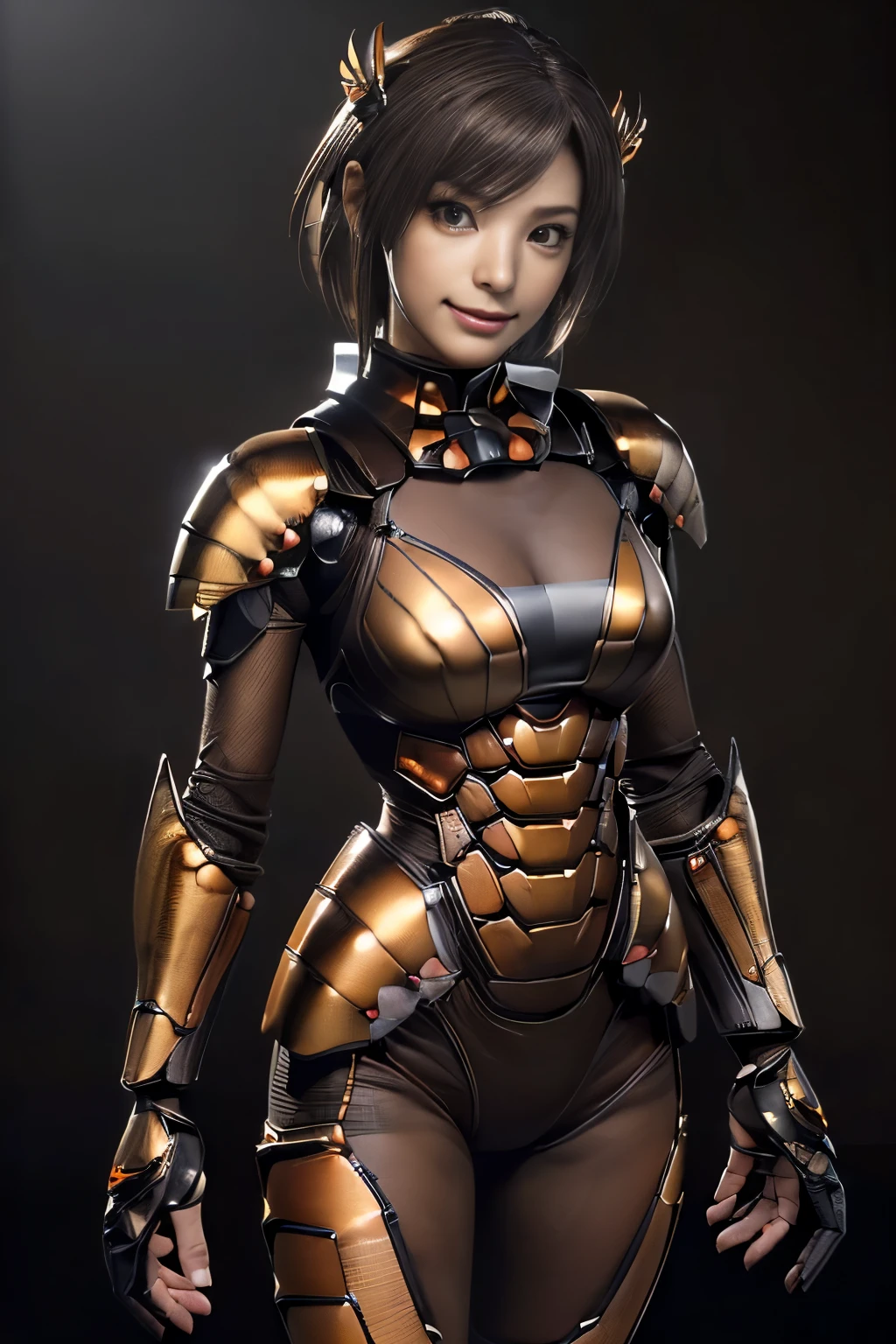 (High resolution,masterpiece,highest quality,Very detailed CG, anime, official art:1.4), realistic, photograph, amazing detail, all complicated, luster and luster,great many layers, 8k wallpaper, 3D, sketch, cute, figure,( alone:1.4), perfect female proportions,villain's daughter, (Fusion of dark brown cockroach and lady:1.4), (brown cockroach form lady:1.2), (brown cockroach woman:1.2), (Fusion:1.2), (alone:1.4), (evil smile:1.2), muscular, abs, (Cockroach brown exoskeleton bio insect suit:1.4), (Cockroach brown exoskeleton bio insect armor:1.2), (brown transparent cockroach feathers:1.4), (brown cockroach antenna:1.3),