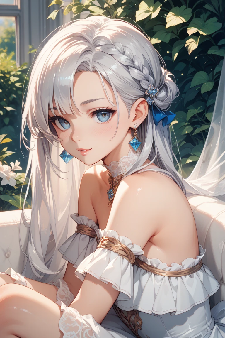 masterpiece, (best quality), 1woman,1girl ,rayneshia,  silver hair , long hair, blue hair,blue eyes,sexy woman, dress ,bare shoulders,jewelry, earrings, necklace,vibrant colors ,natural lighting  ,RTX,  medium breasts, beautiful, (detailed face:1.2), showcase, (perfect eyes:1.1) ,(photorealistic:1.1), 8k uhd,  looking a viewer, outdoors,  simple backround