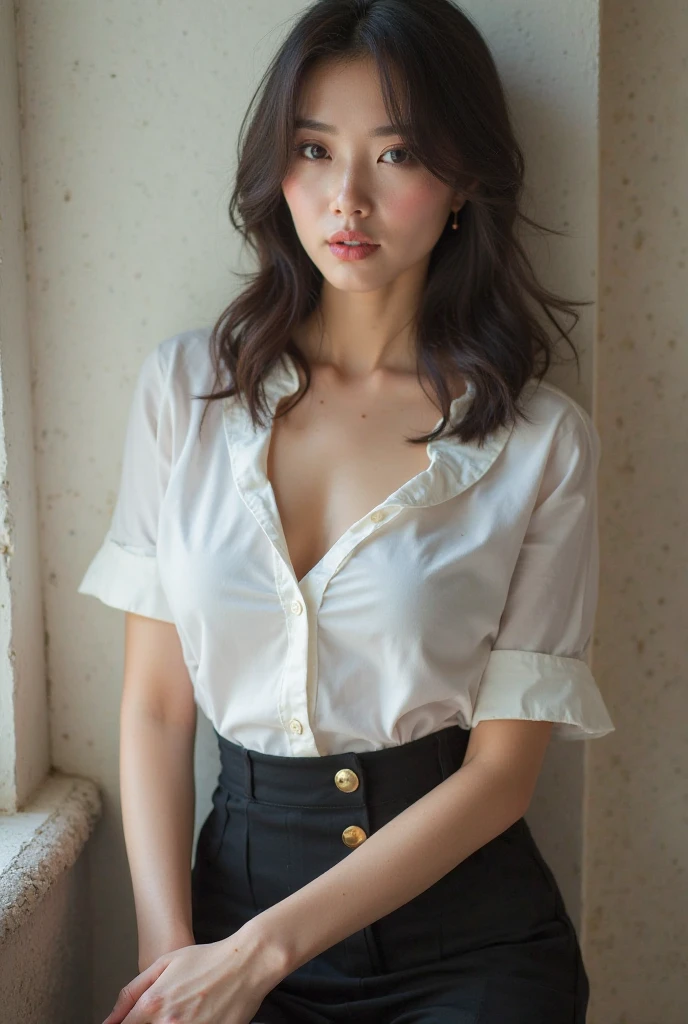 highest quality, Detailed workmanship、high resolution、(8K, High resolution:1.2)、raw photo, photorealistic、slender body shape、high definition face、Face is in focus、close up on face、high definition eyes、(Focused, symmetrical pupils:1.2)、High-definition and beautiful skin、firm skin、natural makeup、gross lip, High-definition hair texture、masterpiece、japanese woman、、17 years old、very cute, very short hair, (office lady, white shirt, pencil skirt), (The front of the shirt is open:1.2、medium breast:1.3), nipples, (very embarrassed:1.3), (blush:1.3), embarrassed look、(He is looking at the camera with a shy look on his face.:1.3)、I have my mouth slightly open、(shy gesture)、(various shooting angles:1.3)、 nsfw