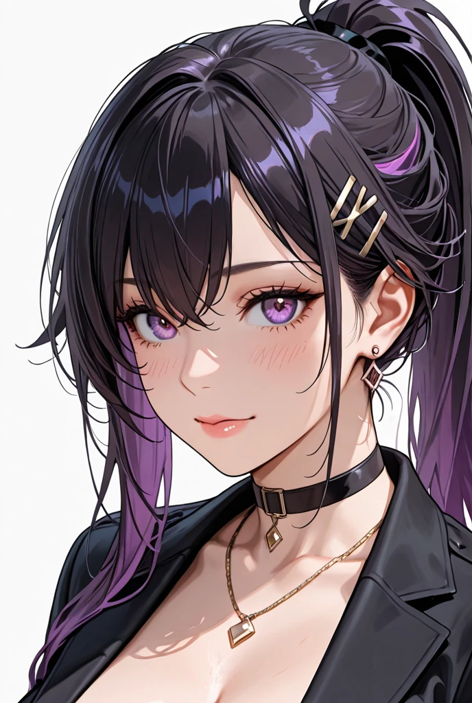 Best Quality,High resolution,8k,(plain white background, no patterns, no textures, just a plain white background:1.3),Masterpiece:1.2),beautiful girl,Big Breasts,(Glossy, deep purple hair:1.3),bob cut,Beautiful purple eyes,A girl wearing a black leather jacket with metal studs, ripped jeans, and a band T-shirt, embodying a rebellious punk rock style,Gentle look,A refreshing look,smile,Best quality,Best Quality,Aesthetic and aesthetic:1.2,Best details((Super detailed))(High-definition CG illustrations),Slender body,smile,blush,cute,Scrounge,Looking up,Being spoiled,super model