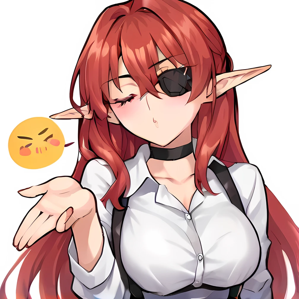 milfication,mature female,milf, tak_tak, score_9, score_8_up, score_7_up, score_6_up, score_5_up, Takeuchi Takashi style, 1 woman, elf, solo, bangs between eyes, close eyes, red hair, long hair, crop office shirt, breasts, looking at viewer, plain background, choker, triangle ears, black choker, eye patch, white office shirt, suspenders, twitch emoji, blush, blowing kiss,