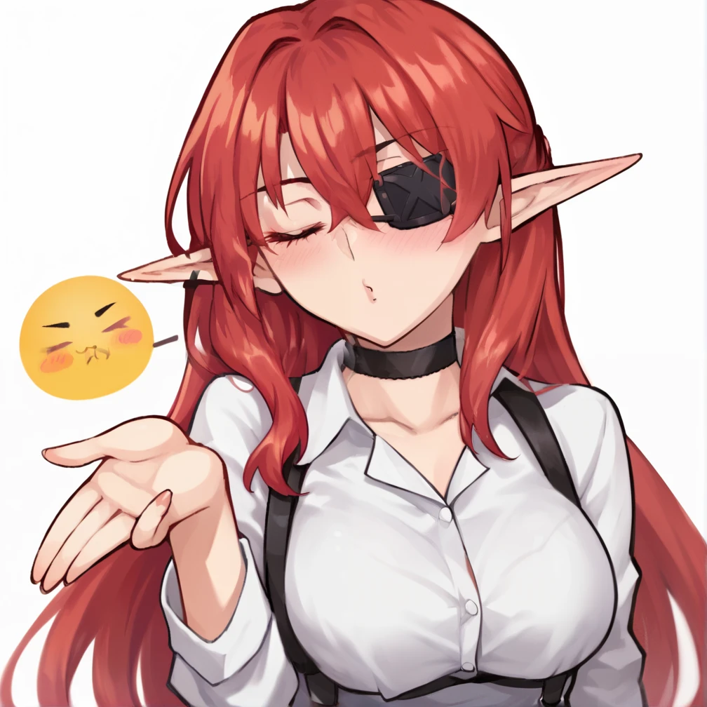 milfication,mature female,milf, tak_tak, score_9, score_8_up, score_7_up, score_6_up, score_5_up, Takeuchi Takashi style, 1 woman, elf, solo, bangs between eyes, close eyes, red hair, long hair, crop office shirt, breasts, looking at viewer, plain background, choker, triangle ears, black choker, eye patch, white office shirt, suspenders, twitch emoji, blush, blowing kiss,
