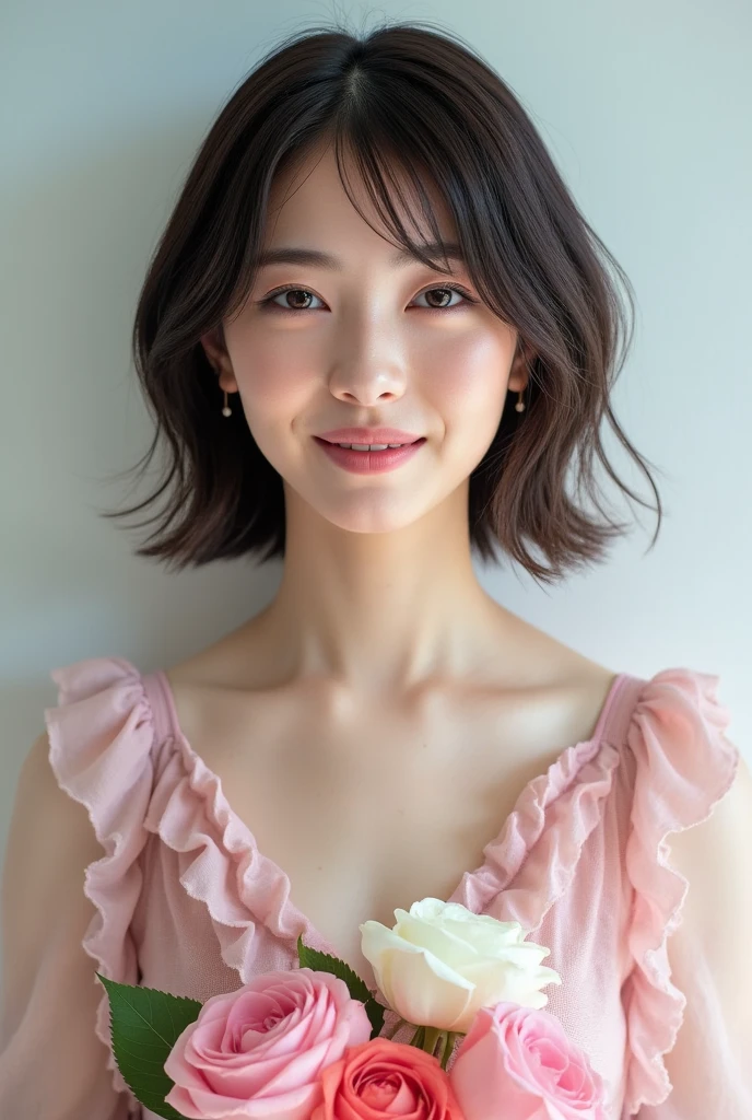 ((Best Quality, 8K, masutepiece: 1.3)), 1 girl, Slim Abs Beauty: 1.3, (Hairstyle Brown Hair Shortcuts, ), Dress: 1.1, Super slender face, Delicate eyes, Double eyelids, Smile, Home, Raw photo