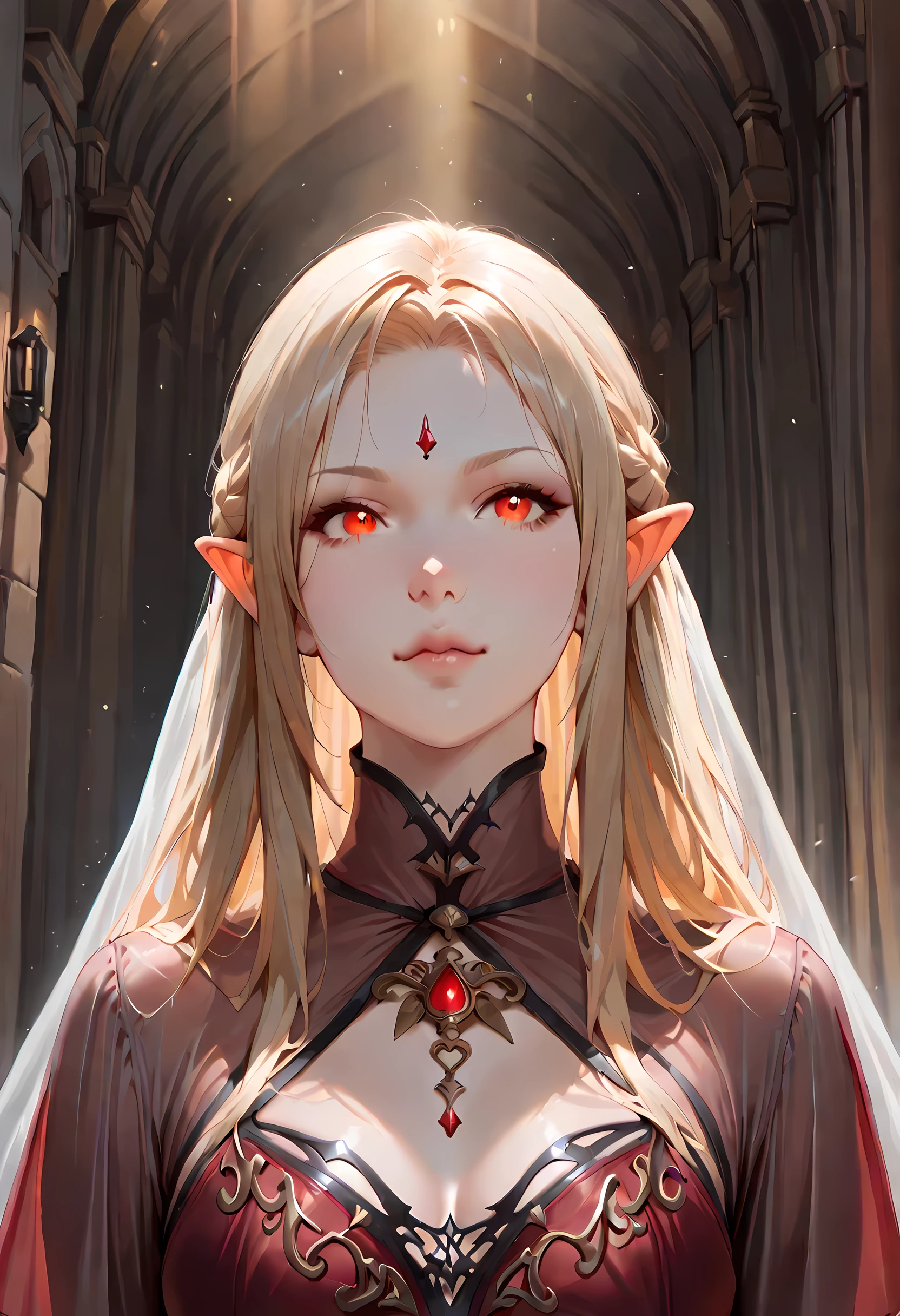dark fantasy art, a picture of a fantasy, a beautiful female vampire, best detailed face,  pale skin, blond hair, glowing eyes, red eyes, wearing purple dress, transparent voile fabric dress, goth dress, small cleavage, intricate dress, it is night time, the moon is in the sky, a sense of dread, soft light. moon rays. high details, best quality, 16k, [ultra detailed], masterpiece, best quality, (extremely detailed), close up, ultra wide shot, photorealistic, RAW, fantasy art, dnd art, fantasy art, realistic art,((best quality)), ((masterpiece)), (detailed), perfect face, fantasy