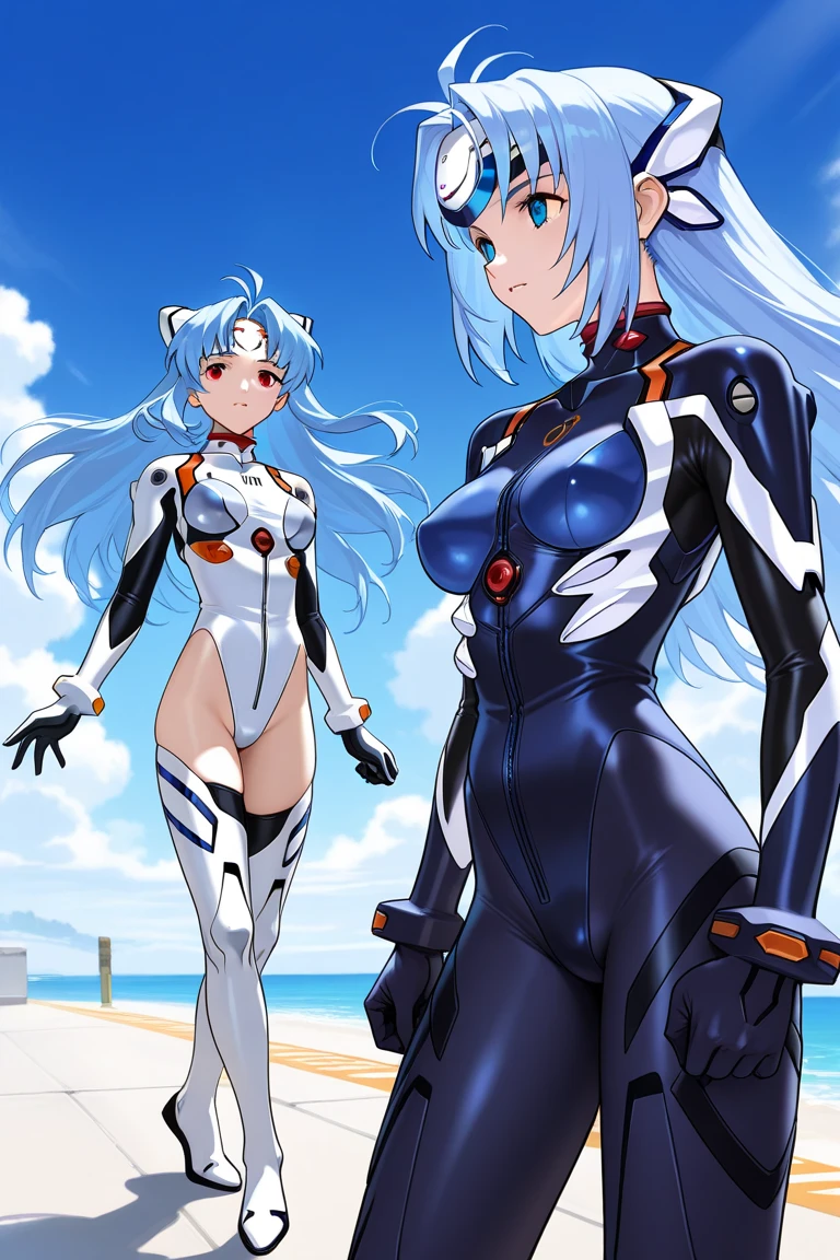 2girls, multiple girls, two female characters, half-siblings, ldual persona, height difference, crossover, friends, anime style, 4k quality, masterpiece, best quality, "Kanase Kanon blue eyes, White hair, side braid, braid, blue ribbon, hair ribbon, medium hair, small breasts, neatfigure, teenage girl, Height 158 cm", "Tobiichi Origami white hair, short hair, blue eyes, hairclip, beautiful eyes, detailed eyes, small breast, height 152 cm ", adopted costume, cosplay, fortified suit, bodysuit, pilot suit, fortified suit, ((shiny clothes)), ((blue :1.3) plugsuit), ((black :1.3) armored), glossy, pilot suit, armored bodysuit, impossible clothes, impossible bodysuit, headgear, interface headset, chin protector, The suit's chin guard is notably absent in Alternative's anime adaptation, smile, closed mouth, standing, face-to-face, looking at another, holding hands,