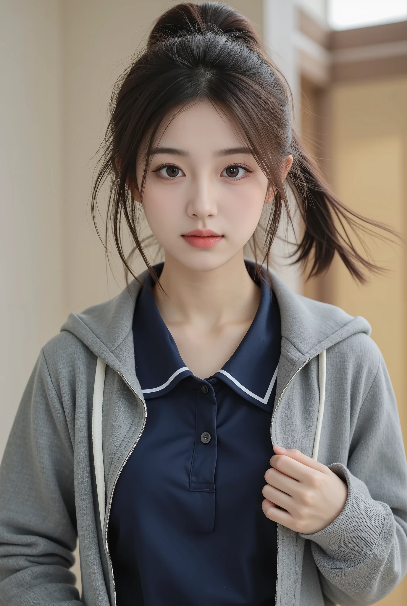 Highly detailed CG unity 8k wallpaper, of the highest quality, Super detailed, masutepiece, Realistic, photographrealistic, extremely detailed cute girl, 25yo, cleavage , (perspired) , Round eyes, peeping at the viewer, Blush, Smile, parted lip, Semi-body shot , Realistic、track suit、Realistic reproduction with vests , Panties , Squat, sports gym