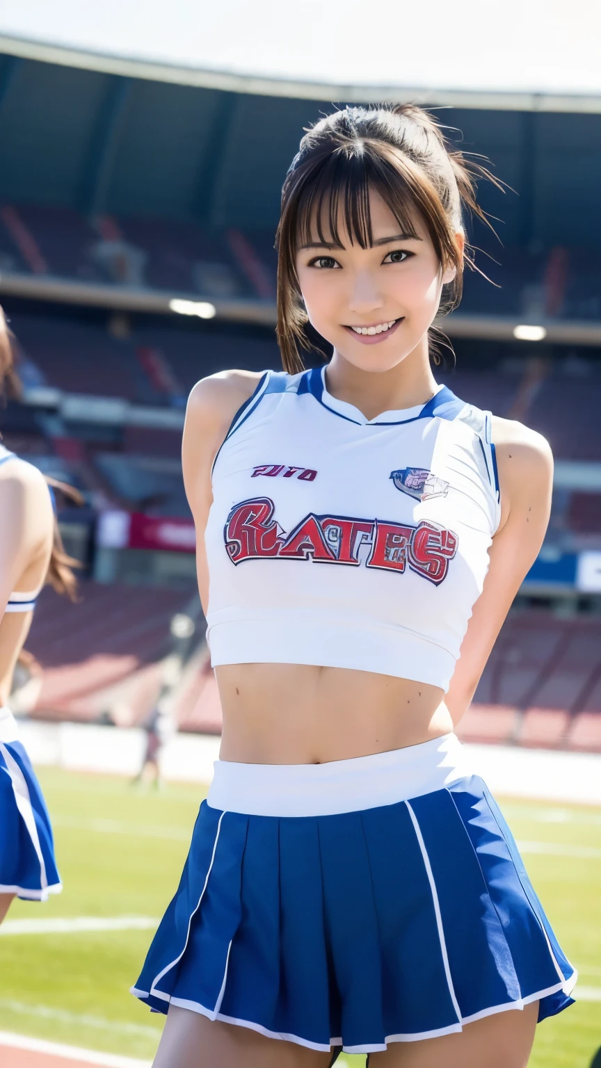 Panties visible through the skirt, (Japan Cheerleaders:1.3), gros-plan,  Photo, Big breasts, (12year old), Young face, Pretty Face, Raw photo, Best Quality, High resolution, (masutepiece), (Photorealistic:1.37), Professional Photography, Sharp Focus, nffsw, 8K resolution, Intricate details, depth of fields, Highly detailed CG Unity 8k wallpaper, Front light, NSFW, femele, girl, beautiful supermodel, Smile, slender, (Vibrant poses:1.3), The upper part of the body, thighs thighs thighs thighs, (Twin-tailed, poneyTail, scrunchie:1.3), (Super long hair:1.3), Taken from the ground, (Wear bonbons only on your hands:1.6)