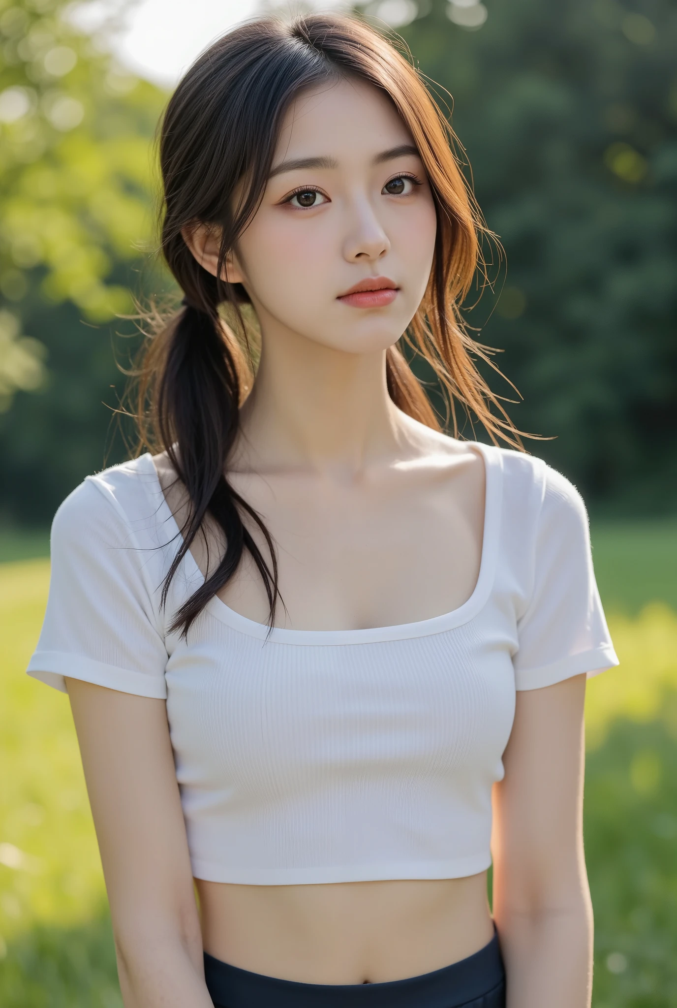 collared dress,European park,On the lawn,One woman,masutepiece, The highest image quality, High quality, the background is clear,Beautiful woman, Japanese,Ultra-detailed, finely detail, hight resolution, 8K Wallpaper, Perfect dynamic composition, Beautiful detailed eyes , Detailed, Detailed eyes, Detailed skin, Beautiful skin, 超hight resolution, (reality: 1.4),Very beautiful woman, Slightly younger face, Beautiful skin, slender, (Ultra photo realsisim), (hight resolution), (8K), (Very detailed) (beautifully detailed eyes), (super detailed), (Detailed face), view the viewer, Fine details, Detailed face, Staring straight ahead, Staring straight ahead, photos realistic, Bright lighting, Professional Lighting, Black hair,poneyTail,a baby face,sixteen years old,Hairstyle: ponytail,Long ponytail hairstyle,slight smile,neat and tidy clothing,Beautiful Japanese KPOP idol photo, hair style is ponytail, my eyes are double and wide, baby face, smile and look straight ahead, slender, small breasts,Close up face,