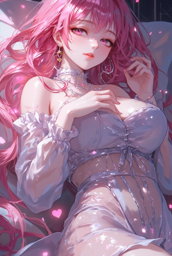 ( Absurd , high quality , Super detailed, Watch your hands )Constellation - Cancer Goddess , Similar to the goodness of Latin , intellectual, Crafty, Reasonable, Strong-willed face , mature , tenacious, Sulky, irritable, oppressive style , sea blue eyes(Eye details), Long Hair , Dark pink hair , Transparent dress , Lace Lingerie, In the sea of flowers , whole body , Innocent Makeup ,(最high quality、masterpiece、High resolution、Detailed)、(Detailed目、Beautiful Face),BREAK,anime、flat style