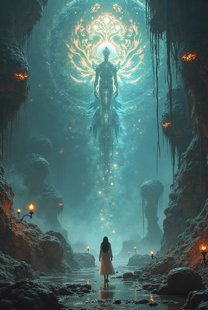 Create a 4k wallpaper for my android smartphone in Indian and gothic combined style on an abstract surreal extraterrestrial phenomena with cultural and spiritual metaphors