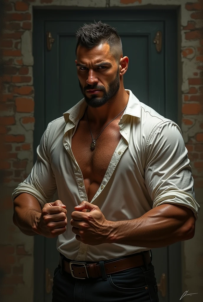 Highest quality, masterpiece, male, brown eyes, muscular, fine particle special effects, detailed face, tall, strong, short messy dark blonde hair, elegant, open white shirt, black pants, photography, handsome, male, muscular, pretentious smile, outdoors, dark romantic atmosphere, complex luxury scary background, small smile, pretentious smile, friendly face, rude, young man, hairy chest, cinematic shot, diffuse light, details intricate, athletic muscular physique, cleavage, vintage aesthetic, mysterious aura, night, artwork, bright room, pose, barbarian king, pose, clear image, (detailed face), big penis, penis bulge in pants, jacket, shaved beard,