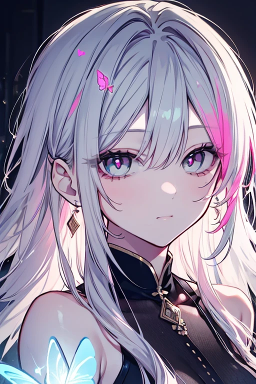 best quality, super fine, 16k, incredibly absurdres, extremely detailed, delicate and dynamic, cool and beautiful pretty woman, silver messy hair, (heterochromia, emerald green eye, purple eye), face is painted in hot pink like wiring diagram, brightly colored tattoos on the neck, necklaces, chokers, earrings and accessories, glossy red lips, portrait, background pastel colors, floating hearts