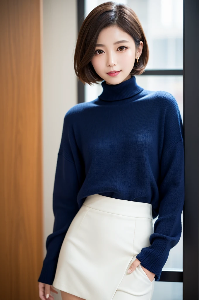 8K, Ultra-high resolution, Highest quality, masterpiece, 三分割法によるphotograph,Surreal, photograph, 1 Girl, (16 years old:1.3), pretty girl, Cute face, Beautiful eyes in every detail, 細かくdetailedに,masterpiece,, One Girl:1.2, Japan Female Announcer,whole body,(Absurd, High Fantasy Art, Best HD images, 注意深くdetailedに, 非常にdetailedな特徴と質感), Solo Character, 16 years oldの野蛮な少女, She has short black hair, Purple eyes with black pupils, Flat Chest, Slim texture, Very thin lips, White skin, (Scottish short skirt, Grey Leather Shirt, silver meral belt between her Scottish short skirt and belly), Confident pose, Very serious face, No Sense of Humor Irish Wooden Cottage with Ancient Greek and Celtic Furniture, Attractive thighs, Sensual,A carefree smile,Heal the heart,Black Hair,Short Bob,Looking at the audience、beauty,Long neck、Laugh a little、Please close your mouth and laugh、(((Ideal body type))),A cup small breasts :2,、Portraiture:2、Perfect Anatomy、鮮明なdetailed、detailed、Surreal、Light and shadow,Strong light 