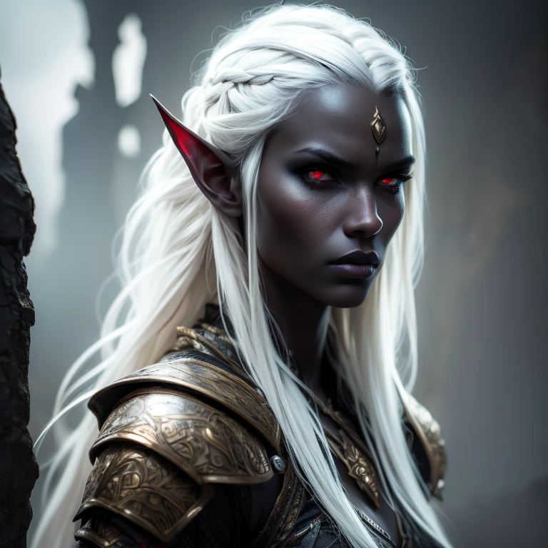 a beautiful dark elf woman, drow, with dark gray skin and long white hair, detailed and intricate facial features, Porcelain Skin, impressive eyes, fleshy lips, slender figure, Ranger clothing, dramatic lighting, fantasy dramatic scene, dark and moody atmosphere, detailed textures, highy detailed, 8k, cinematic, award-winning works of art, digitalpainting, conceptual artwork, photorrealistic