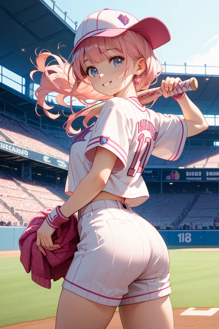 waifu baseball player. Sexy, big breasts, Baseball cosplay, long pink hair in a ponytail, baseball cap, mini skirt, vae, solid color saturation, max details, anime Screencap, cinematic action shot,