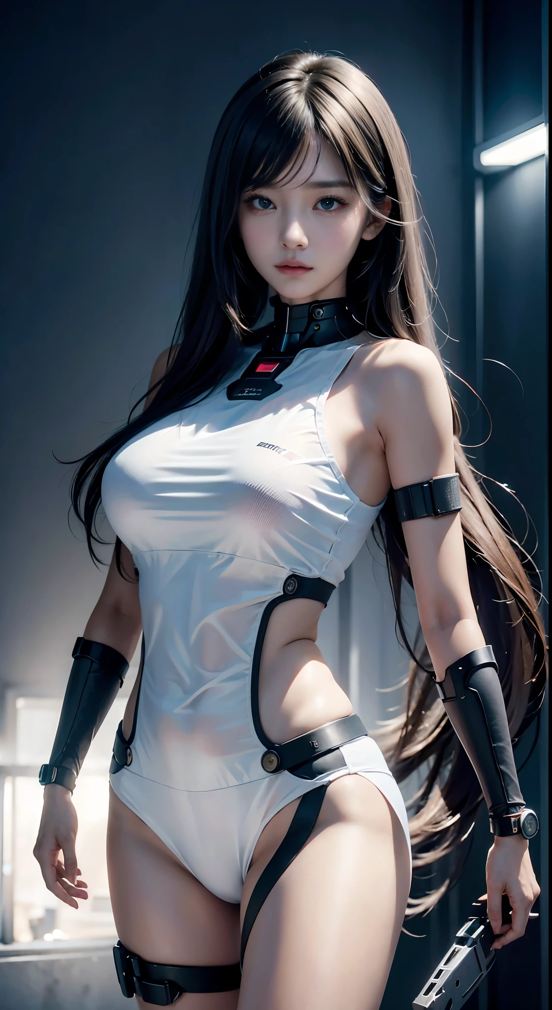 (masterpiece, top quality, best quality, official art, beautiful and aesthetic:1.2), extreme detailed,colorful,highest detailed ((ultra-detailed)), (highly detailed CG illustration), ((an extremely delicate and beautiful)),cinematic light, cultivation tank,1girl, long hair, solo, underwater, very long hair, bubble, barefoot, air bubble, breasts, bodysuit, submerged, anklet, convenient censoring, freediving, medium breasts full body,machine made joints,blood vessels connected to tubes,mechanical vertebra attaching to back,mechanical cervial attaching to neck,expressionless,wires and cables attaching to neck,wires and cables on head,character focus,science fiction,blood,