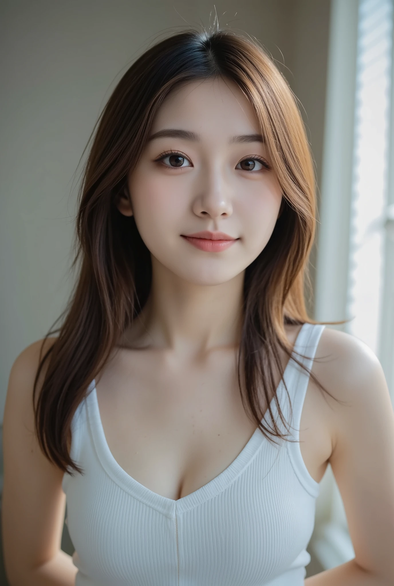 (best quality, photorealistic, high resolution, 8k, 32k:1.2) raw photo, 1 female, Japanese, cute face, high school student, High-quality photos, Everyone's favourite idol, double eyelids, eye bag, eyelashes,(large breasts,), , pleated mini-skirt, walking street, Charming smile