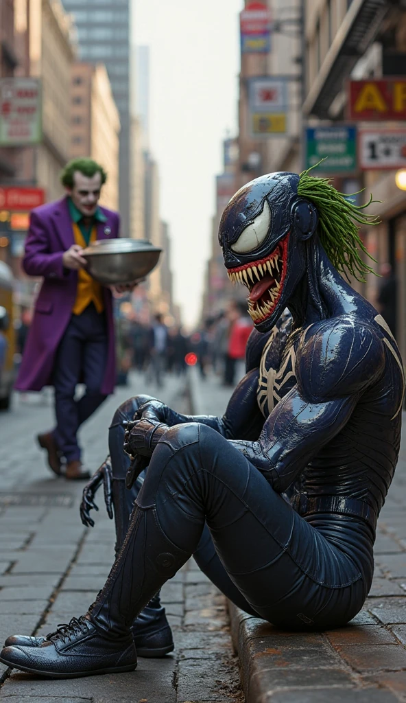 Evil joker standing on a stingray that look evil with abandon buildings in the middle