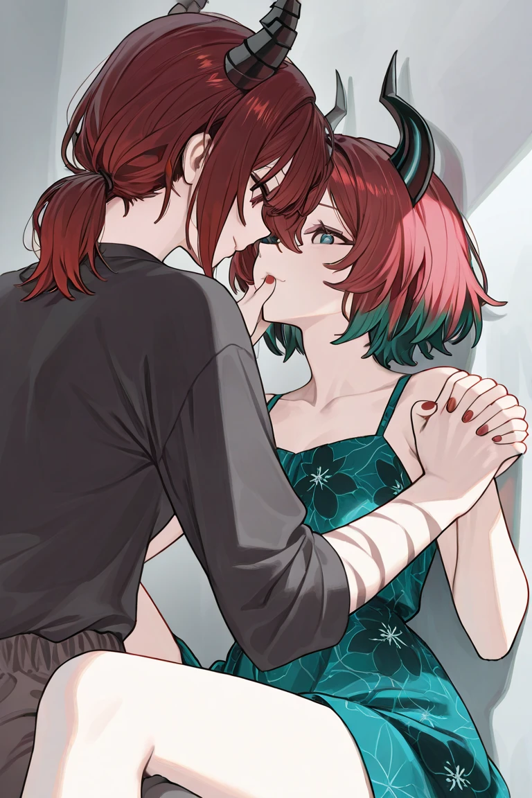 red-haired woman looking in the mirror seriously stretches out her hand and touches it with the tips of her fingers