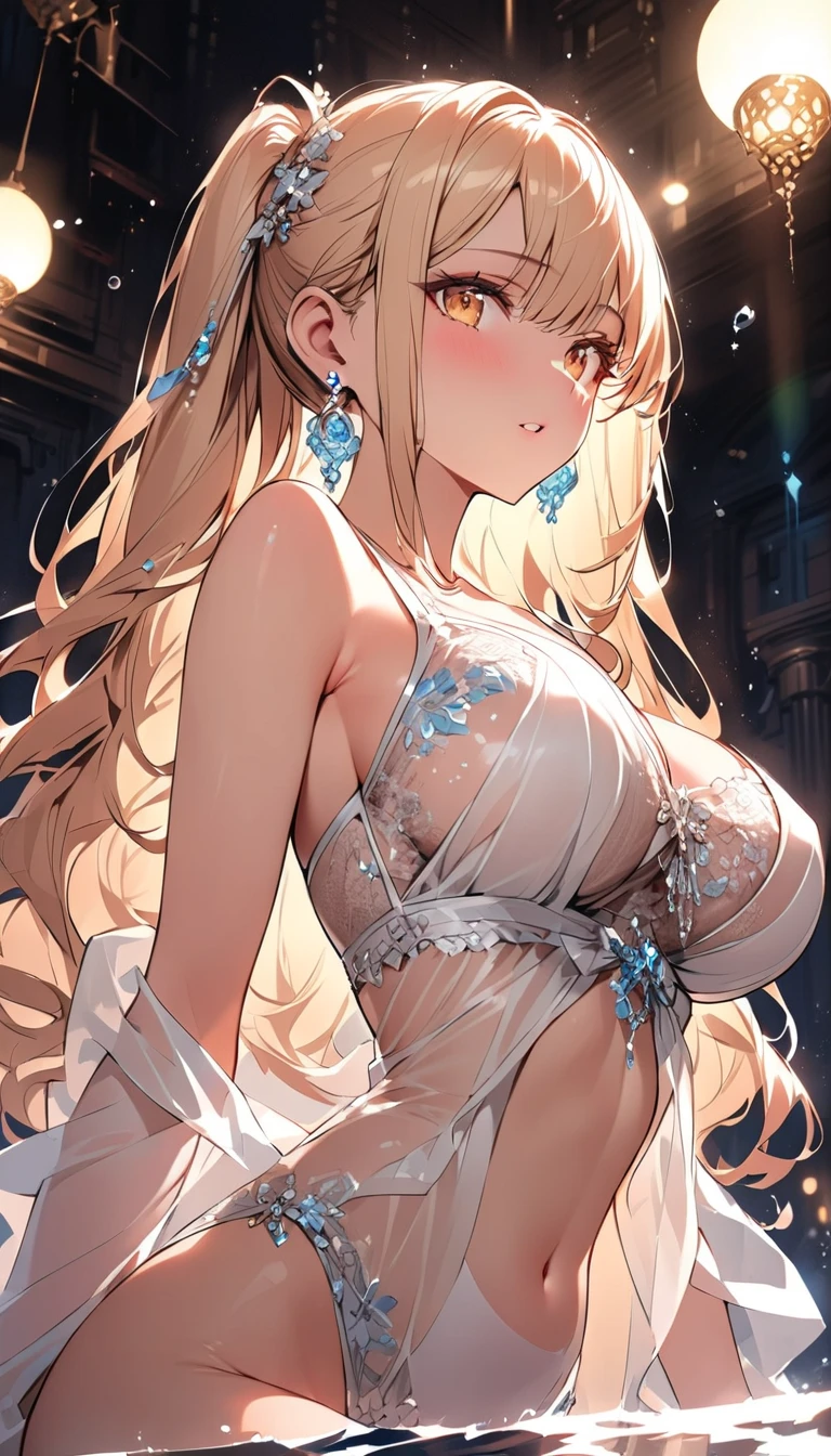 ((highest quality)), ((masterpiece)), (detailed), (Perfect Face)、The woman is Yuuki Asuna, with light brown, semi-long hair.、A gorgeous white see-through dress with a long slit that lets you see through to the skin, a see-through cape with fur, a necklace with jewels, a tiara, earrings, a head dress-up chain, a waist chain, bracelets, ankle bracelets, etc.々She wears lavish jewelry and shiny white boots.
