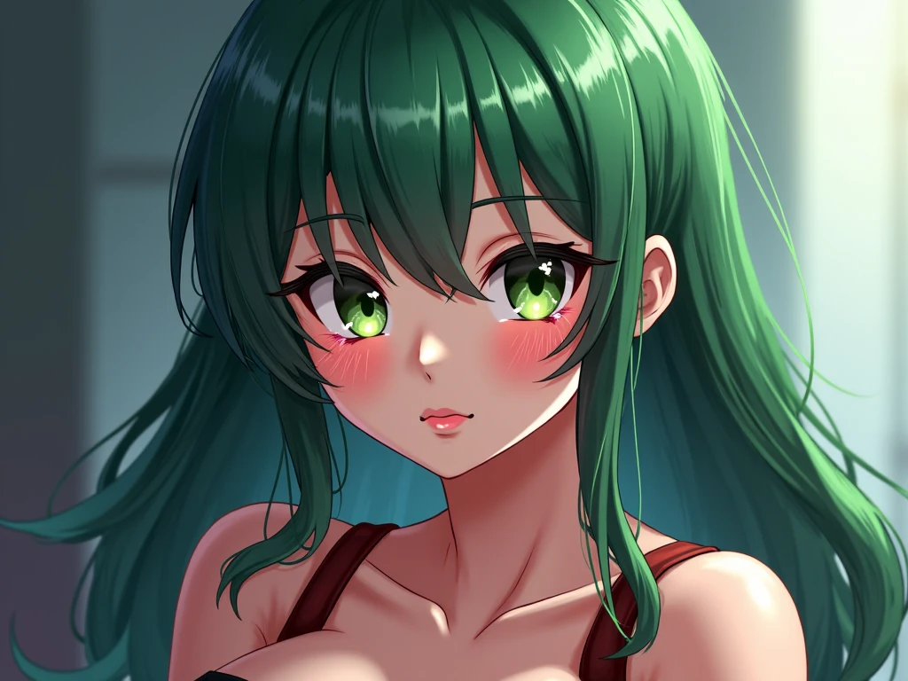 1girl, ((Zenin Maki from Jujutsu Kaisen)), elegant erotic beautiful girl, ((long green hair with pony tail and straight bangs)), detailed face portrait, (glasses), maxi dress, adultery, indecent, vulgar, (best quality,4k,8k,highres,masterpiece:1.2),ultra-detailed, intricate details, delicate facial features, beautiful amber eyes, ulzzang, long eyelashes, small nose, full lips, porcelain skin, natural lighting, warm color palette, chiaroscuro lighting, dramatic shadows, sensual, alluring, mature themes, artistic, dreamlike, ethereal, sideboob, cleavage, looking at viewer, ulzzang, (amber eyes), (close up face portrait), big breasts, illustrative graphic design poster style, energy, angst,