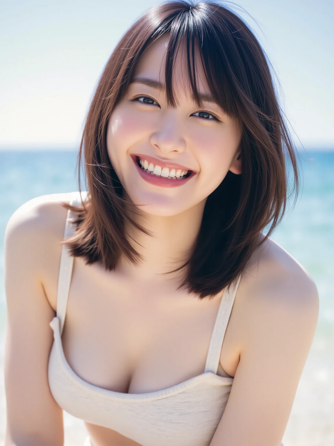 (One girl), short hair, Great face and eyes, smile, energy, vitality, (camisole, Lace panties:1.2), (camisole with open chest:1.4), (highest quality:1.4), Very detailed CG 統合 8k 壁紙, Very detailed, High resolution raw color photos, Professional photography, Realistic portraits, (Bedroom), Straddle, White Wallpaper, Portrait of sexy girl, Feelings , Exposure, (View from below:1.1)