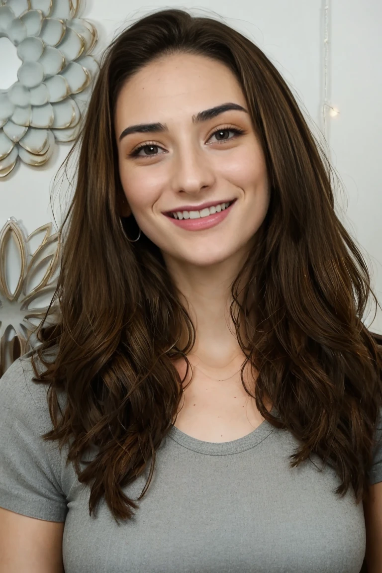 white woman about 18 years old, long straight light brown hair, pechos grandes, vistiendo un sujetador de color blanco y una falda muy corta plisada gris. front view looking at viewer smiling inside a room