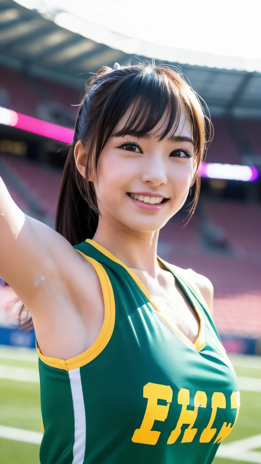 Ala Fed Asian cheerleader holding pom pom in stadium, closeup, closeup, cosplay photo, anime cosplay, small breasts, RAW photo, best quality, high resolution, (masterpiece), (photorealistic:1.4), professional photography, sharp focus, HDR, 8K resolution, intricate details, depth of field, highly detailed cg unity 8k wallpaper, Front Light, NSFW, Woman, Girl, Beautiful Supermodel, Smiling, Slender, (Sweating All Body:1.3), 2 Person