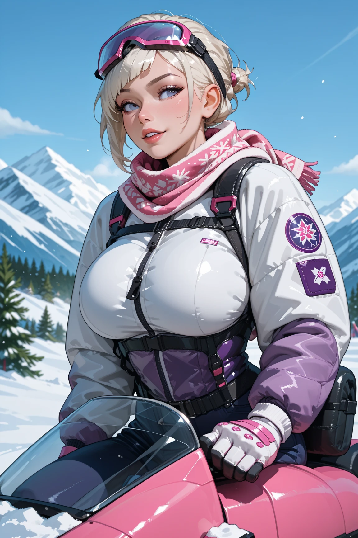 photo, photorealistic, photorealism, full body shot, wide angle, female busty skier wearing ski wears, fully clothed, gigantic breasts, cleavage, giga_busty, (rime ice covered trees along skyline:1.3), (rime ice and snow:1.5), (sunrise:1.5)