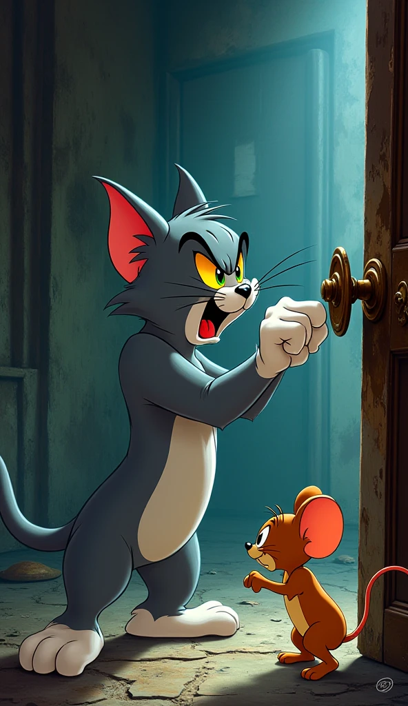 a flash reveals Tom holding a rusty doorknob, while Jerry observes nervously