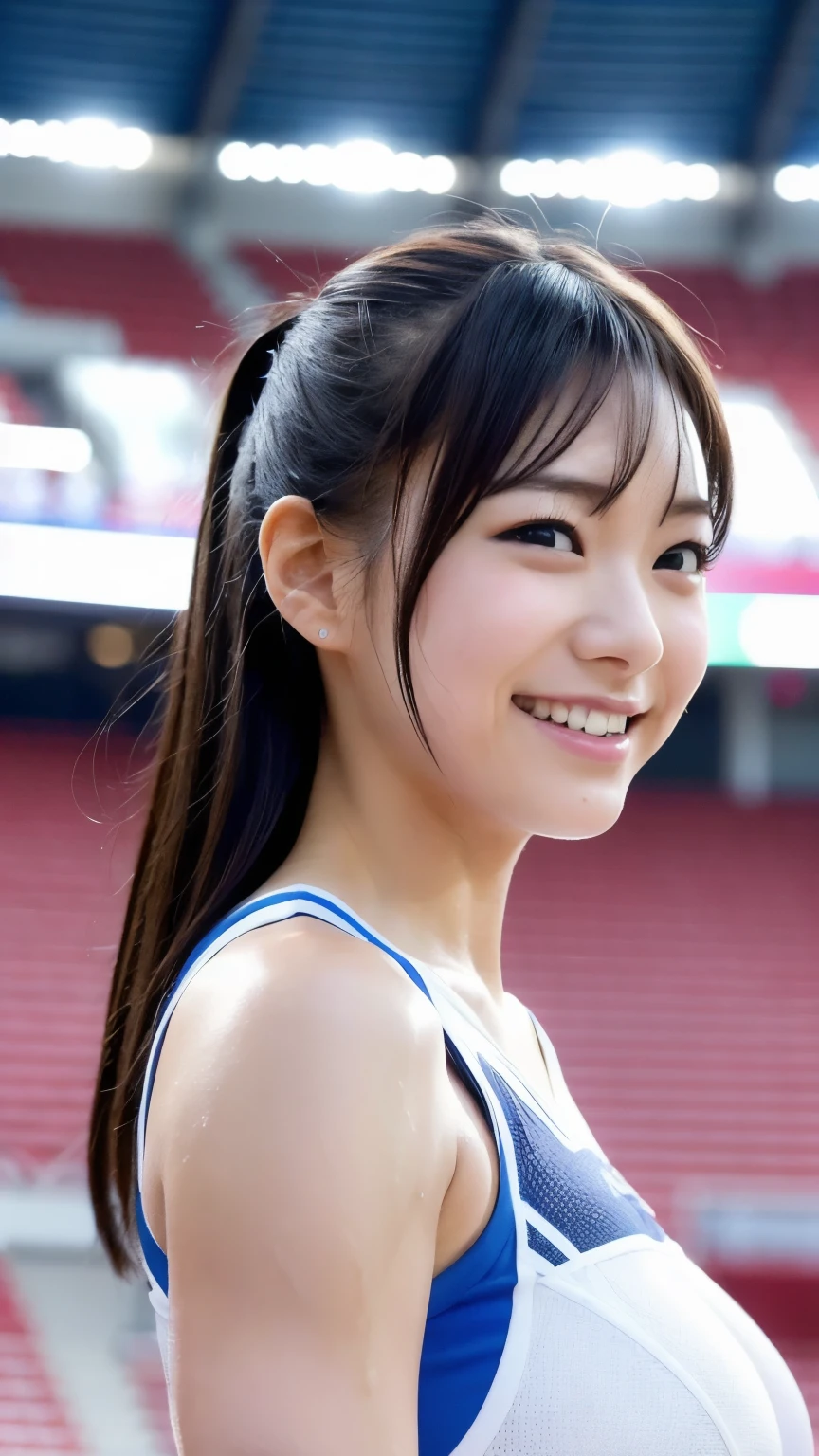 Cheer、Cheerガール、Cheerリーダー、whole body、Close your mouth、Cheerleader,8K、Detailed Description、Very high definition、Realistic、Realistic、Real、Black Hair、smile、Large Breasts、21 years old、beautiful girl、standing split