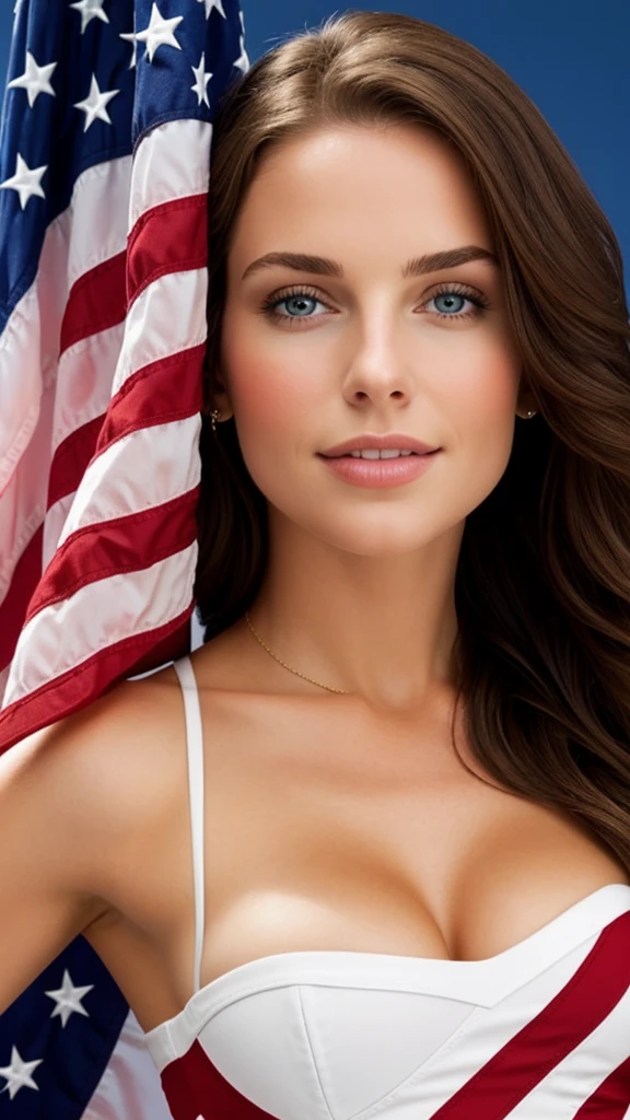 (((photo of full body))), Kim Kardashian, ((American flag)), Beautiful, (Detailed Face), (a perfect face), cleavage, cleavage, Distance between legs, The cover of a glossy men's magazine, Men's magazine cover, (closed lips), Super detailed photography, Intricate, concept portrait, 16k, Highest Quality, (Masterpiece), High-detail RAW color photography, Professional photography, Extremely detailed photography, Realistic, Best Quality, high definition, The perfect chic face, beautiful realistic eyes, detailed skin texture, Real Skin, Red rose tattoo on the shoulders